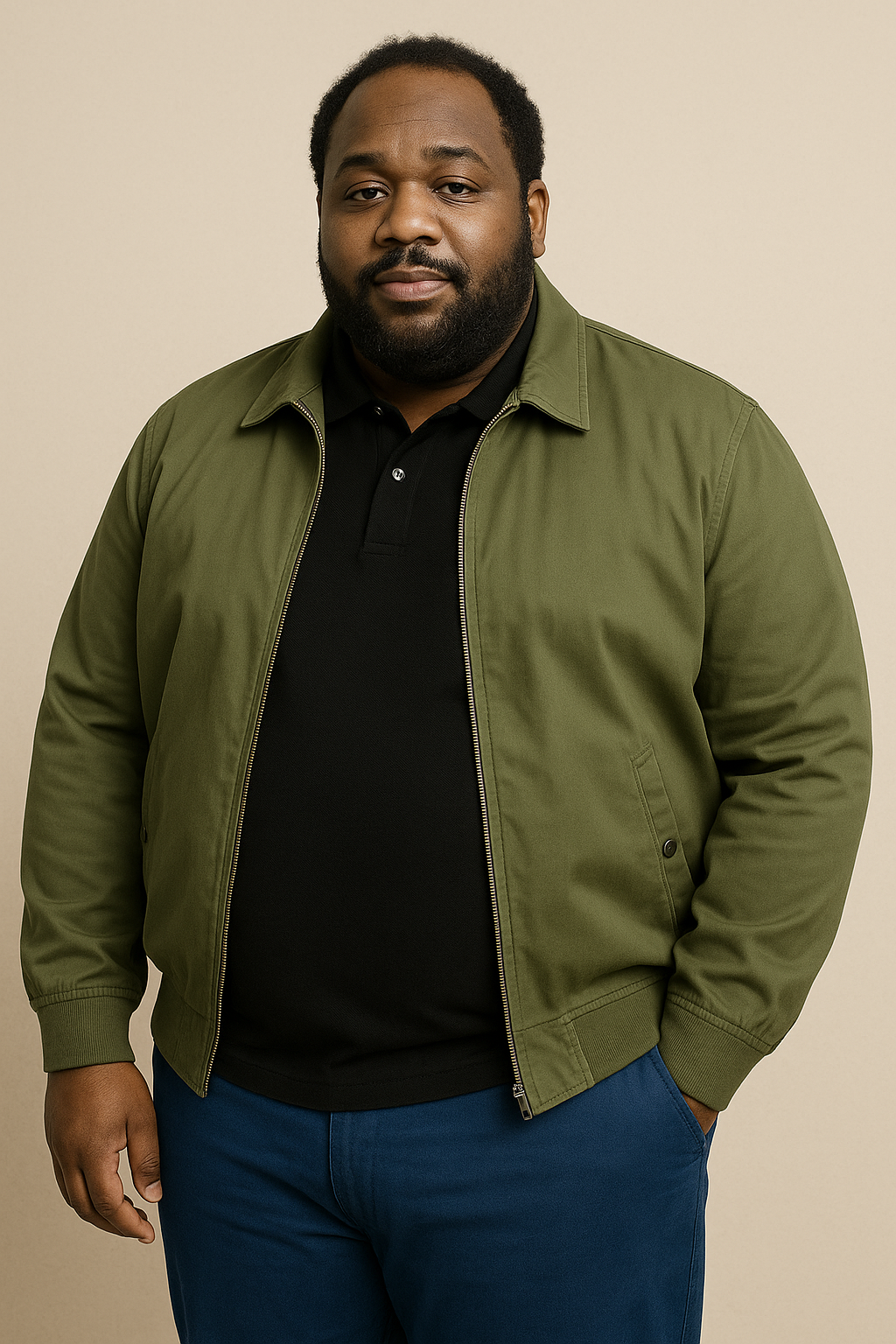 Olive Green Jacket with Black Polo